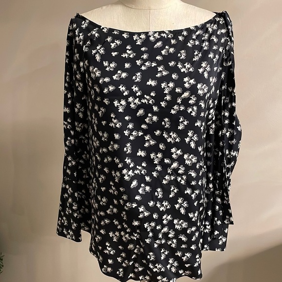 LEWIT one / cold shoulder bow detail long sleeve blouse stretch silk black wht S - Picture 4 of 16